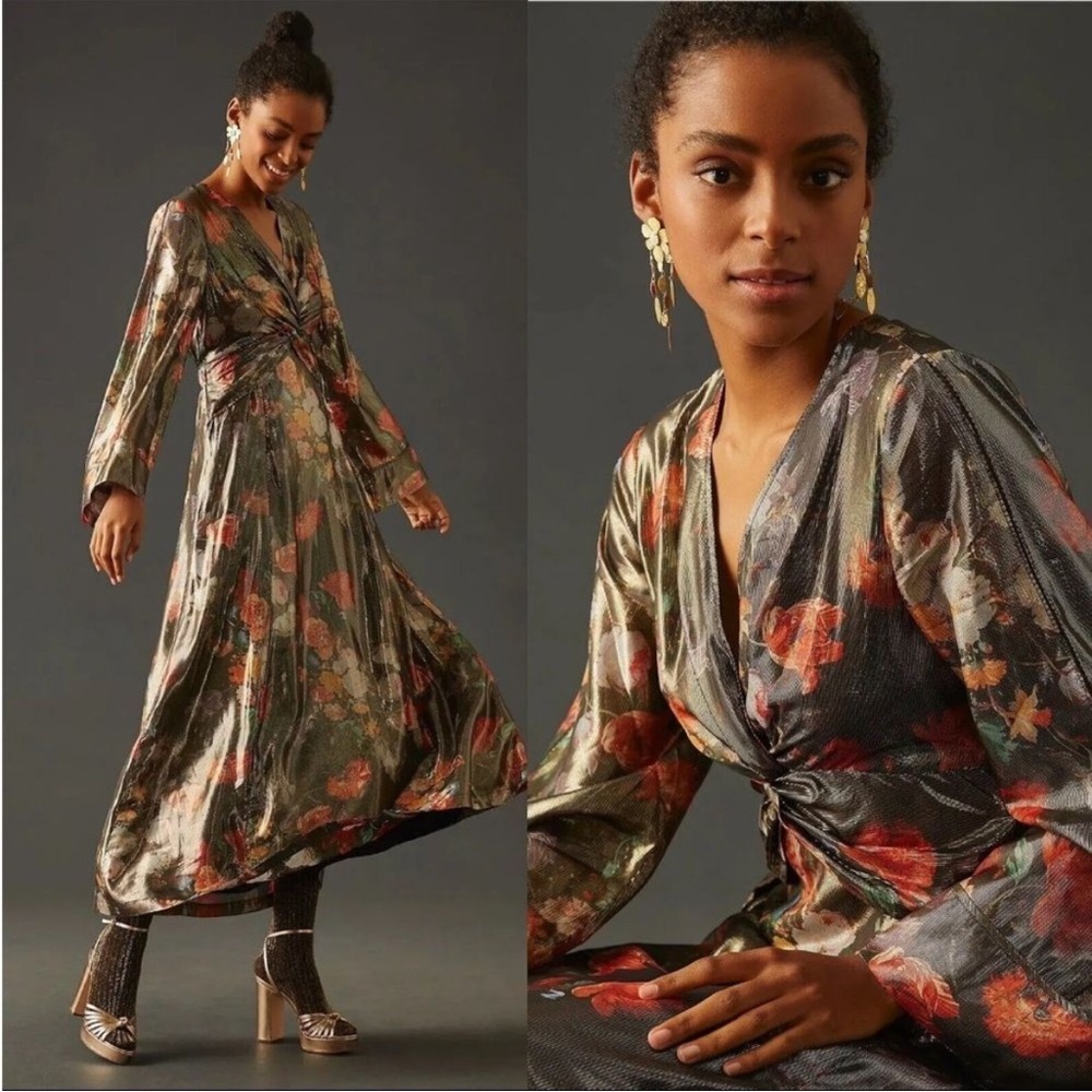 Anthropologie Caballero Deep V-Neck Maxi Dress